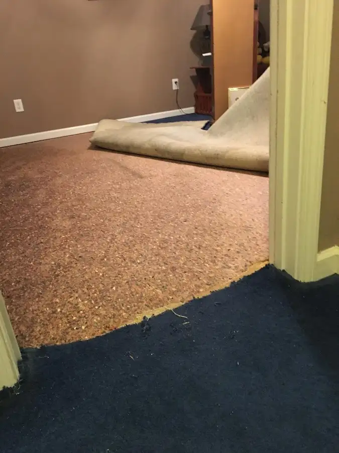 Carpet pad removal revealing water damage during Water Mitigation Services in Avenal